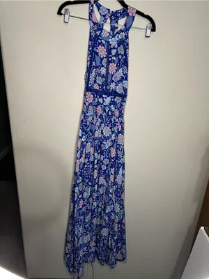 Abel The Label Blue Pink Floral Tie Back Bell Cottage Front Slit Maxi‎ Dress thumbnail 2