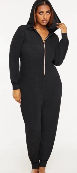Savage X Fenty Sleep & Shine Hooded Jumpsuit Black Glitter Sz S Zip Front Lounge thumbnail 1