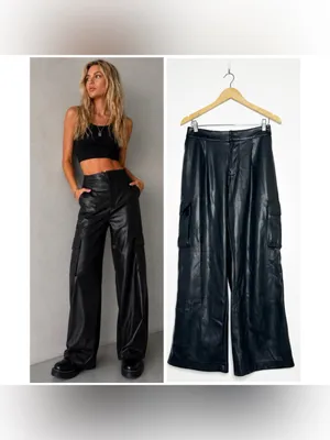 Urban Outfitters Black Faux Leather Wide Leg Cargo Pants Size Small thumbnail 2