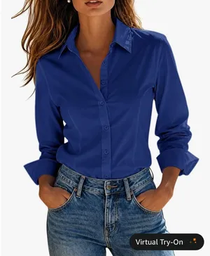 Womens Royal Blue Button Up Long Sleeve Collared Blouse Office Work Shirt size L thumbnail 1