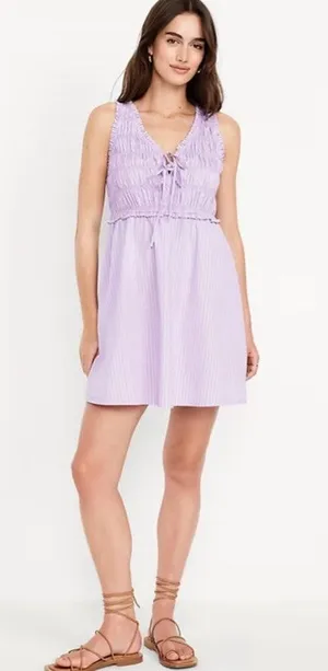 Old Navy Stripe Smocked‎ Mini Dress Cotton Poplin Purple Cottagecore Size Large thumbnail 1