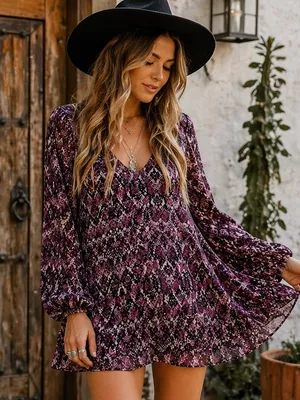 Show Me Your Mumu Snake Print Mini Purple Dress Boho Flowy Bell Sleeve M thumbnail 1