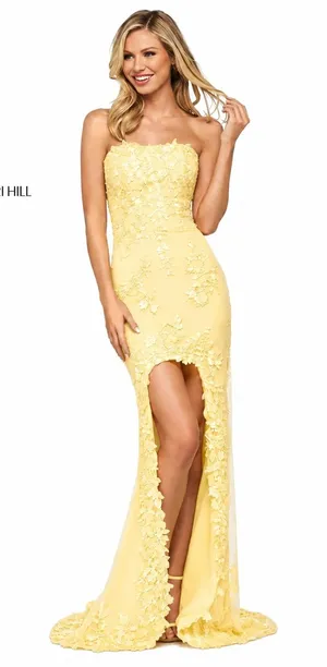 Sherri Hill 53849 Embroidered Lace High-Low Gown Size 4 NWT Yellow $598‎ thumbnail 1