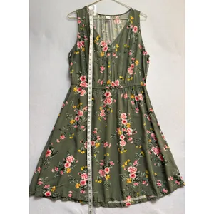 Old Navy Olive Green Floral Sleeveless V-Neck Elastic Waist A-Line Dress Large thumbnail 7