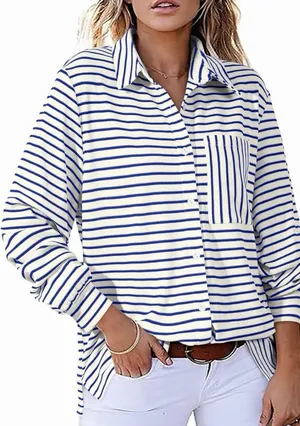 Astylish Women's Oversized Striped Button Down Shirt Navy/ White Small thumbnail 1