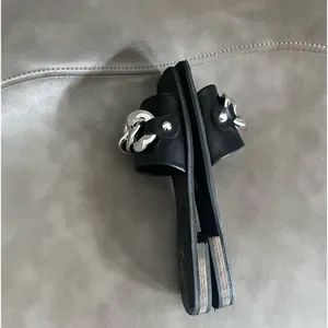 Beast Fashion Black Square Toe Slides Chunky Silver Chain Sandals 6.5 thumbnail 6
