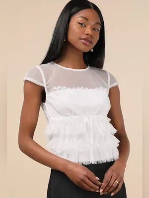 Lulu's White Sheer Lace Tiered Ruffle Peplum Top thumbnail 1