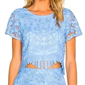Lovers & Friends Daycation Lace Embroidered Boho Crop Top in light baby Blue XS thumbnail 1