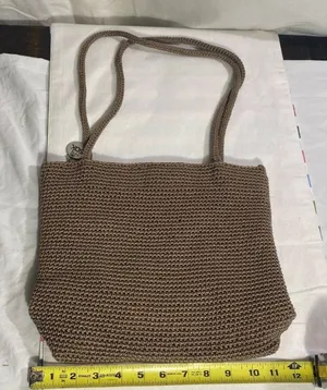 The Sak Crochet Knit Bag Brown Neutral Lined Shoulder Bag Zipper Pocket thumbnail 1