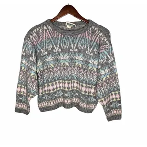 Vintage fair isle gray nordic thick sweater neutral pullover lodge medium chunky thumbnail 2