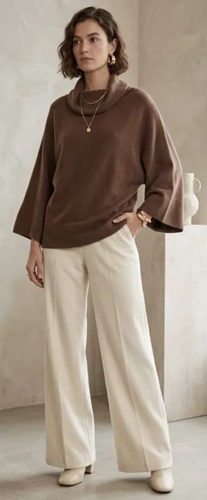 Carlisle 100% Cashmere Boxy Brown Sweater Size Large Wide Sleeve Turtleneck thumbnail 1
