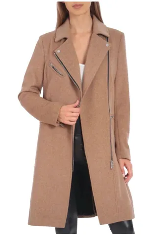 White House black market Womens Camel Long Wool-Blend Moto Coat thumbnail 1