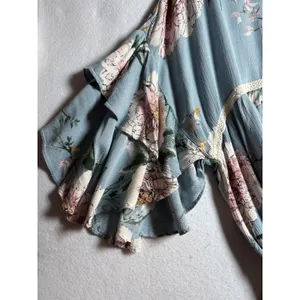 Umgee Floral Babydoll Tunic Top Blue Pink Ruffle Bell Sleeve Boho L thumbnail 5