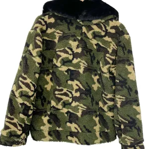 NEW Jocelyn Womens S‎ Sherpa Trucker Jacket Faux Fur Collar Camo Green Black thumbnail 6