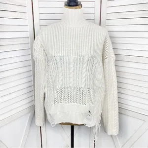 Free Generation Multi Stich Fringe‎ Distressed Turtle Neck Sweater Cream Small thumbnail 2