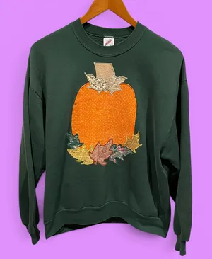 Cute vintage 80s soft sweatshirt evergreen pumkpin patchwork cottagecore Jerzees thumbnail 1