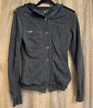 Y2K 2000s Fox Racing Charcoal Gray Button Up Hooded Sweater Womens Small‎ thumbnail 1