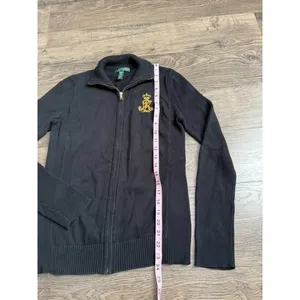 EUC Womens VINTAGE Lauren Ralph Lauren sweater zip black emblem gold detail SZ M thumbnail 5