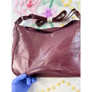Burgundy Patchwork Leather Multi Pocket Crossbody Shoulder Bag Wine‎ Red thumbnail 10