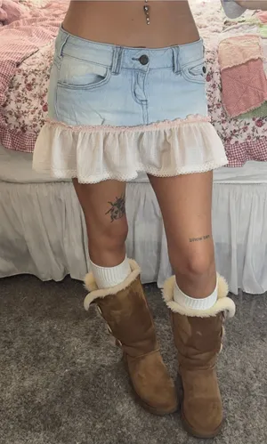 Y2K Light Blue Denim Mini Skirt with pink Lace Ruffle thumbnail 1