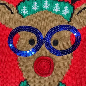 Merry Christmas Reindeer‎ Ugly Christmas Sweater Red Sequin Glasses Bells S/M thumbnail 3