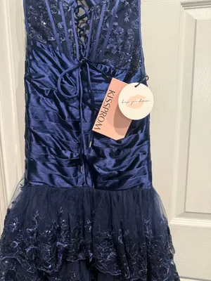 Navy Blue Strapless Sweetheart Mermaid Pleated Layered Long Prom Dress With Slit thumbnail 8