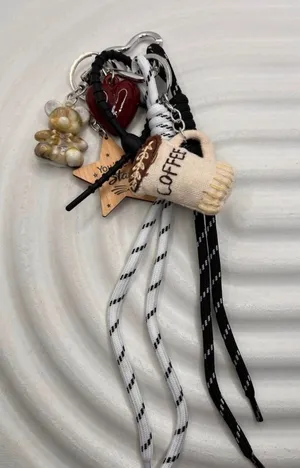 Cute Coffee Cup & Bear Keychain Set with Heart‎ Charm and Ropes – Aesthetic Bag thumbnail 1