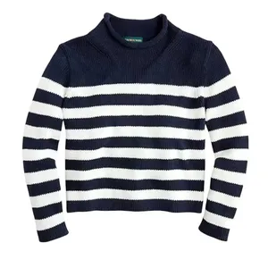 J Crew Always Womens XS Navy White Striped Cotton Mock Neck Shaker Knit‎ Sweater thumbnail 2