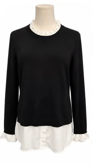 Adrianna Papell Layered Look Sweater Blouse Black White Size M Ruffle Collar thumbnail 1