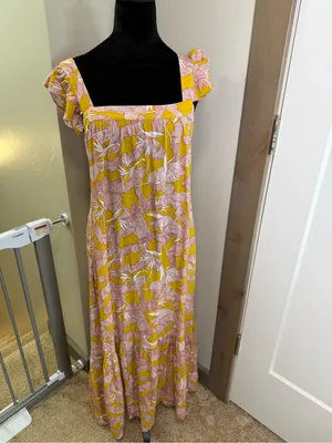 Knox Rose Square Neck Flutter Cap Sleeve Maxi‎ Dress Yellow Pink Floral Tropical thumbnail 2