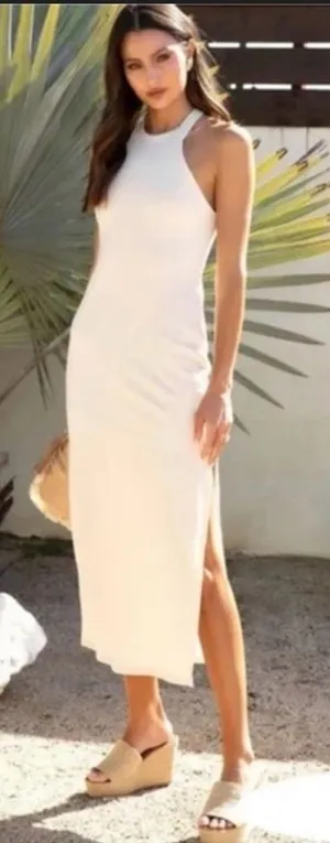 Vici Tyche Sleeveless thick Ribbed Bodycon Maxi Dress in cream Side slit Sz M thumbnail 1