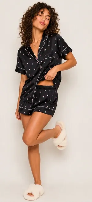 Victoria's Secret Black Satin Rosebud Floral Short Pajama Set Size M Pink Piping thumbnail 1