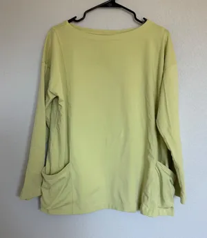 Eileen Fisher Green Cotton Spandex Boat Neck Pocket Top Medium Casual Relaxed thumbnail 1