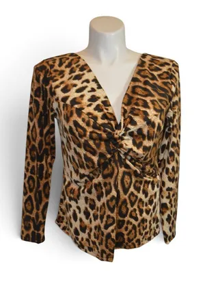 Womens XL Leopard Print Twist Front V Neck Long Sleeve Stretch Top Blouse thumbnail 1