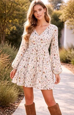 Tuckernuck Hampton House Ivory Floral Botanical Long Sleeve Boho Mini Dress XS thumbnail 1