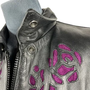 UNIK Leather Fringe‎ Biker Jacket Small Black Purple Rose Inlay Motorcycle Goth thumbnail 6