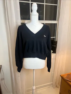 Nike Black V-Neck Cropped Sweatshirt with White Swoosh size medium. thumbnail 4