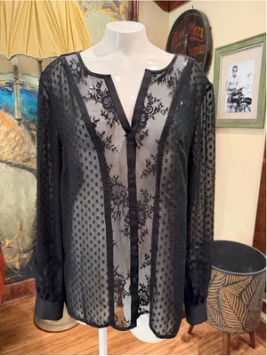 Ann Taylor Black Swiss Dot Lace Sheer Blouse Size Large V-Neck Button Front thumbnail 4