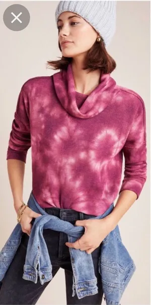 Anthropologie Maeve Medium Pink Ainsley Tie Dye Cowl Neck‎ Waffle Knit Thermal thumbnail 1