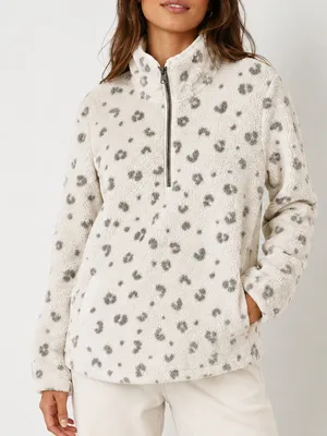 Abercrombie & Fitch Sherpa Gray Leopard Half Zip Fleece Pullover thumbnail 1
