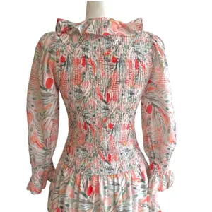 Vestique Sammie Dress Peach Green Floral Smocked Deep V-Neck Mini Small NEW thumbnail 6