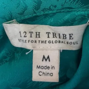 12th Tribe Green Silky Satin Floral Long Sleeve Button Down Mini Shirt Dress M thumbnail 4