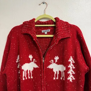Magnolia Boutique Red White Moose Aztec Zip Sweater Cardigan Sz S NWOT thumbnail 3