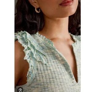 By Anthropologie -641 Crochet Ruffle Tank Top Sleeveless Knit‎ Blue Size Small thumbnail 3