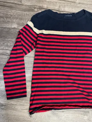 Tommy Hilfiger Women’s L Red Navy Gold Striped Cotton Sweater thumbnail 7