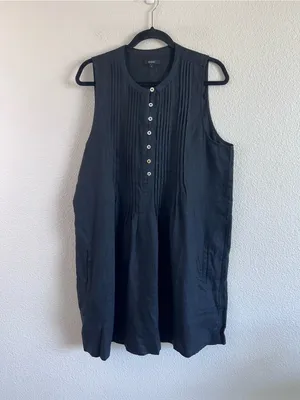 Quince Women's 100% European Linen‎ Sleeveless Swing Dress Black Pleated Summer thumbnail 2