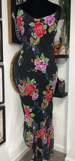 Vintage Emily D Y2K 90s Silk Slip Dress Beaded Floral Sequin Maxi Gown Medium thumbnail 1