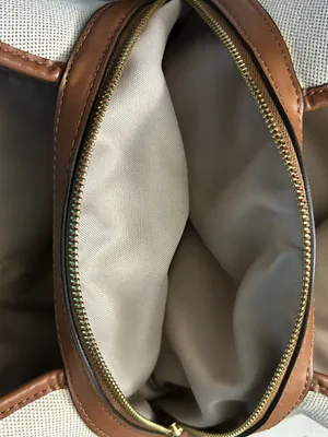Nine West Cream Canvas Shoulder Tote Boho Bag with Brown Trim thumbnail 11