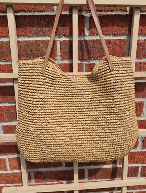 Anthropologie Beige raffia Woven & Brown Leather Tote thumbnail 5