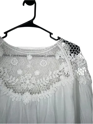 Frye White Crochet Lace Boho Loose Fit Long Sleeve Peasant Blouse thumbnail 3